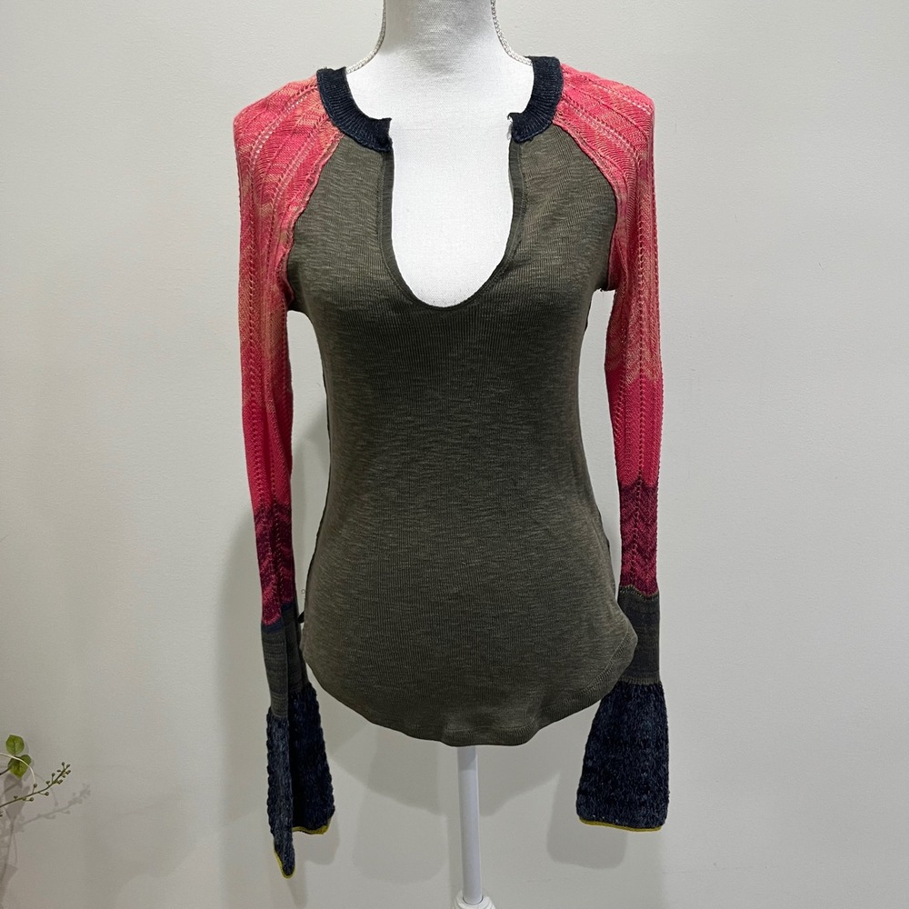 We The Free Free People Henley Top Women Medium Olive Pink Boho Hippie Raglan